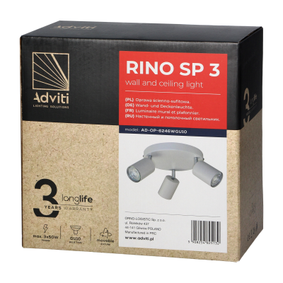 RINO wall and ceiling luminaire, max. power 3x50W, GU10, IP20, white