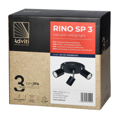 RINO wall and ceiling luminaire, max. power 3x50W, GU10, IP20, black