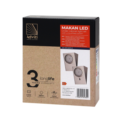 Zestaw opraw podszafkowych MAKAN LED 2,5W, 180lm, 4000K, z wyłącznikiem bezdotykowym, INOX