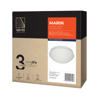 MARIN, ceiling light with microwave motion sensor, 60W, E27, IP20, mat glass