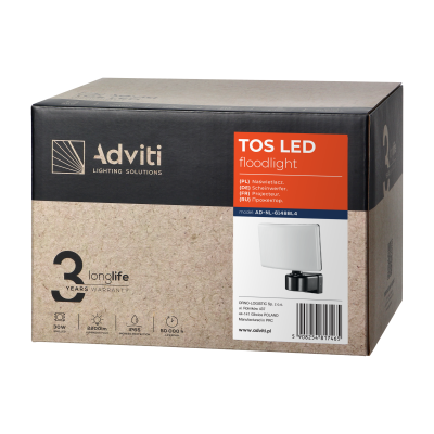 TOS LED 30W garden floodlight, 2200lm, IP65, 4000K, PC, black