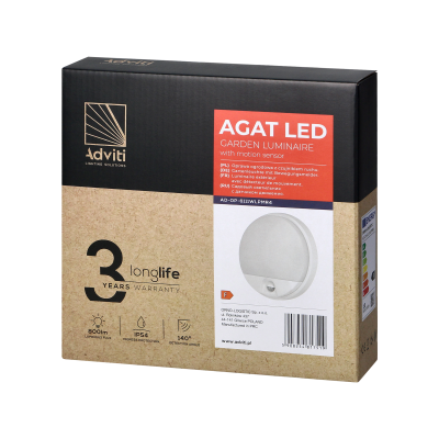 AGAT LED 10W, garden luminiare with motion sensor 140°, 800lm, IP54, 4000K, white