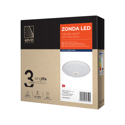 ZONDA LED 12W, ceiling light with motion sensor,  800lm, IP20, 4000K, milky PC, white