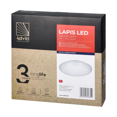  LAPIS LED 12W, plafon oświetleniowy z mikrofalowym czujnikiem ruchu,  800lm, IP65, 4000K, IK10, poliwęglan mleczny,...