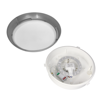 KOKO LED luminaire with microwave motion sensor, 12W, 3000K, 1100lm, silver-polypropylene, matt PC diffuser, IP44, IK10