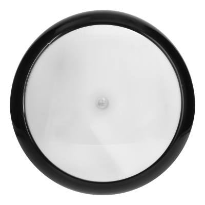 KOKO LED luminaire with PIR motion sensor, 12W, 3000K, 1100lm, black-polypropylene, matt PC diffuser, IP44, IK10