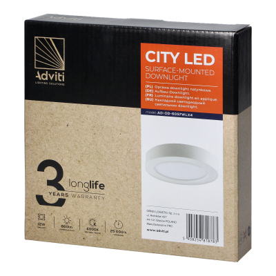 CITY LED 12W downlight, surface-mounted, round, 860lm, 3000K, white, built-in LED driver