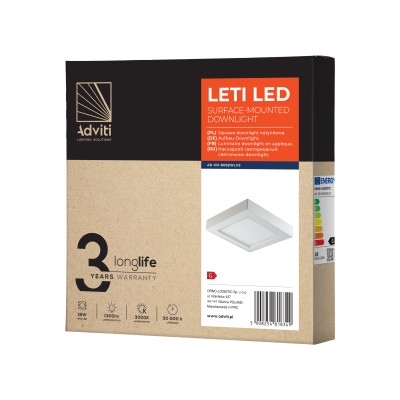 LETI LED 18W, oprawa downlight, natynkowa, kwadratowa, 1500lm, 3000K, biała, wbudowany zasilacz LED