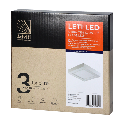 LETI LED 18W downlight, surface-mounted, square, 1600lm, 4000K, white, built-in LED driver