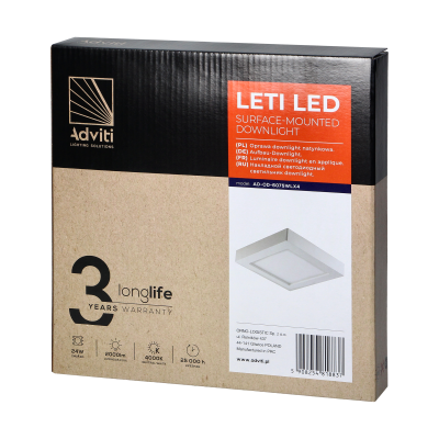 LETI LED 24W, oprawa downlight, natynkowa, kwadratowa, 2000lm, 4000K, biała, wbudowany zasilacz LED