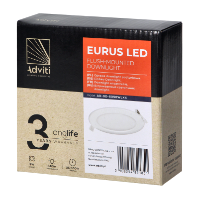 EURUS LED 9W, oprawa downlight, podtynkowa, okrągła, 540lm, 4000K, biała, wbudowany zasilacz LED