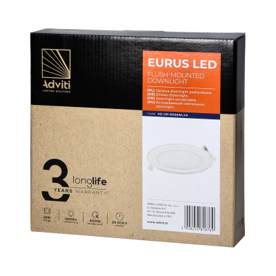EURUS LED 18W, oprawa downlight, podtynkowa, okrągła, 1600lm, 4000K, biała, wbudowany zasilacz LED