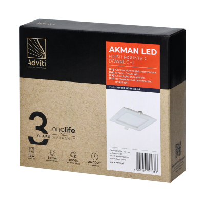 AKMAN LED 12W, oprawa downlight, podtynkowa, kwadratowa, 860lm, 4000K, biała, wbudowany zasilacz LED