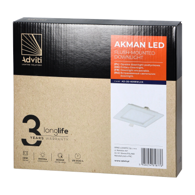 AKMAN LED 18W downlight, flush-mounted, square, 1600lm, 4000K, white, built-in LED driver