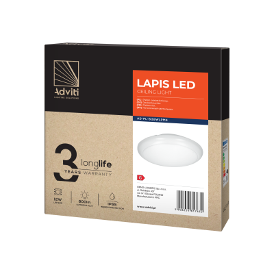 LAPIS LED 12W, plafon oświetleniowy, 800lm, IP65, 4000K, IK10, poliwęglan mleczny, biały