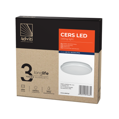 CERS LED 16W, plafon oświetleniowy, 1300lm, IP65, 4000K, poliwęglan mleczny, biały